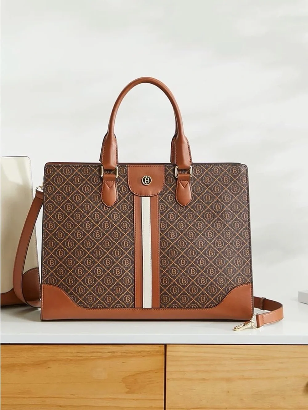 Brown Monogram Briefcase Tote with Tan Trim